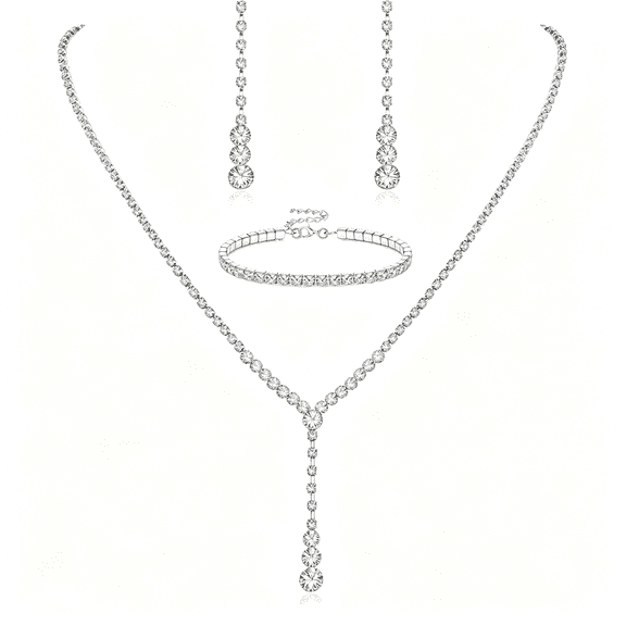 DESIGNICE Crystal Silver Necklace and Earrings with Crystal Bracelet for Women Teardrop Dangle Earrings Rhinestone Necklace Bracelet for Bride Bridesmaid Crystal Bridal Wedding Party Jewelry Sets