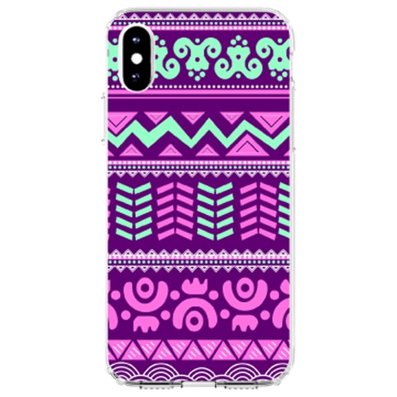 DistinctInk Clear Shockproof Hybrid Case for iPhone X / XS (5.8" Screen) - TPU Bumper, Acrylic Back, Tempered Glass Screen Protector - Pink Green Aztec Tribal