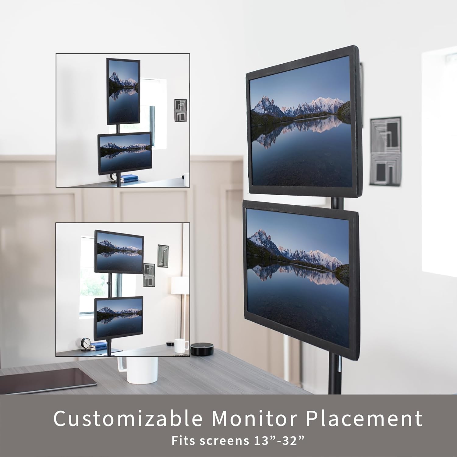 Dual Vertically Stacked Monitor Desk Mount,  Tall Adjustable Stand for 2 Ultrawides  to 34 inches, 22 lbs Capacity, Black, STAND-V002T