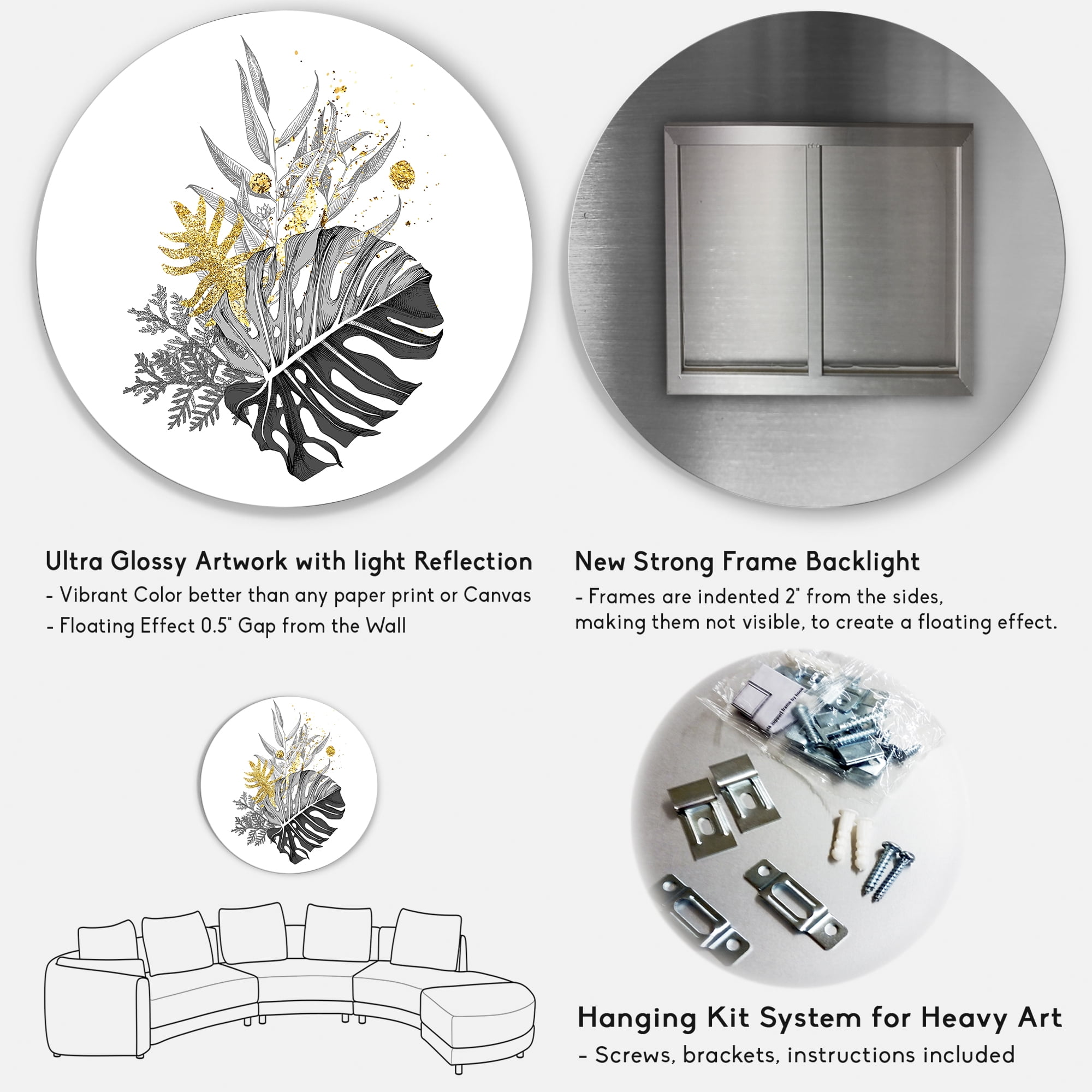 Designart 'Bouquet With Golden Tropical Leaves and Monochrome' Tropical Circle Metal Wall Art 29x29 - Disc of 29