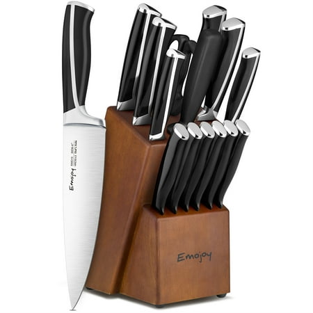 Emojoy Knives Set for Kitchen With Block,Rust Proof,15-Pcs Knife Set with Block Wooden, Black Handle German Stainless Steel Cutlery Knife Set