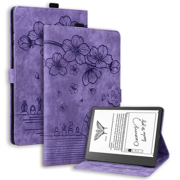 XYX Case for Kindle Scribe 10.2 inch 2024/2022 Release, Cherry Blossom Cat PU Leather Folio Stand Magnetic Shockproof Protective Cover (Purple)