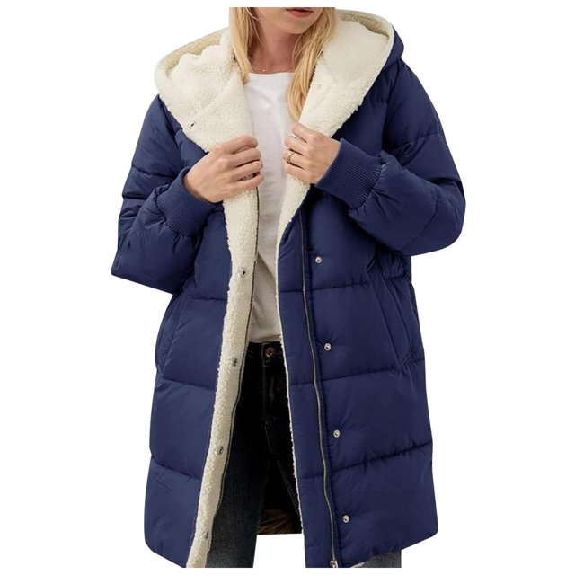 Kcodviy Ladies Solid Color Hooded Winter Padded Jacket Long Sleeve Full Zip Hooded Jacket Double Velvet Slim Temperament Womens Winter Hooded Coat Cardigan Coat Jacket
