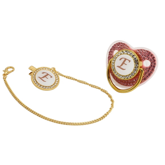 Chupete dorado para Bebé Nikou con diseño curvo y diamantes de imitación silicona letra E