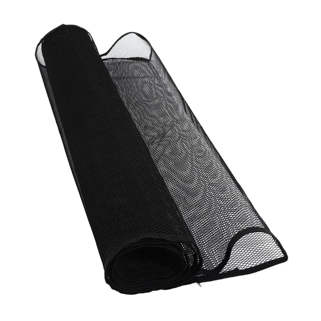 red de protección para balcones, red de seguridad para niños NikouMX en malla de poliéster negra de 300 x 74 cm, vista frontal enrollada y extendida que muestra la textura de malla, bordes remallados, ojales y accesorios incluidos (15 correas de hebilla y 25 cuerdas); apta para balcones y escaleras y también usada frecuentemente para delimitar áreas en patios.
