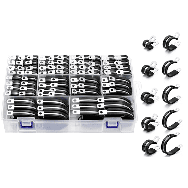 Abrazaderas para Cables - 112 Piezas 10 Tamaños - Kit Surtido de Abrazaderas para Tubos de Acero Inoxidable Abrazaderas para Cables con Aislamiento y Almohadillas de Goma