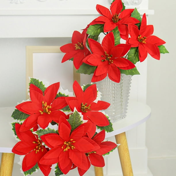 2Pcs Fake Poinsettia Flowers Artificial 5 Heads Red Christmas Flower Bouquet Decoration Faux Flowers With For Christmas Tree House Decor