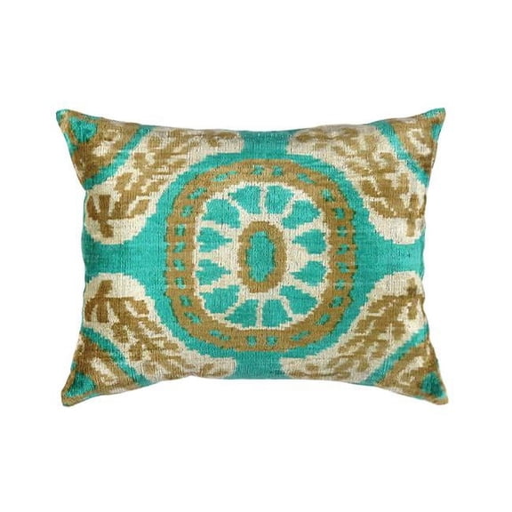 Pasargad Home Ikat 15" x 20" Contemporary Velvet Pillow in Green/Beige