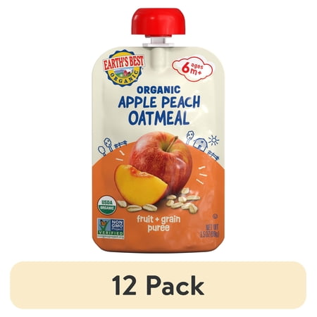 (12 pack) Earth's Best Organic Stage 2 Baby Food, Apple Peach Oatmeal Fruit & Grain Puree, 3.5 oz Pouch