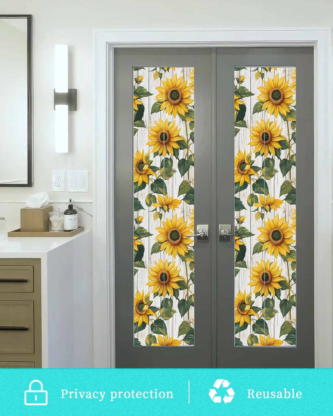 Window Privacy Film Rustic Sunflowers Stained Glass Window Film Decorative Sun Block Window Cover Farmhouse Botanical Flowers Wood Grain Window Clings Static Adhesive Sticker for Bathroom 23.6"x78.7"