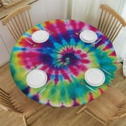 Awypu Swirl Tie Dye Round Tablecloth with Elastic Edged Colorful Rainbow Fitted Table Cloths Cover Mat Washable Polyester Spill Proof Table Covers for Indoor outdoor Dinning Patio Table White