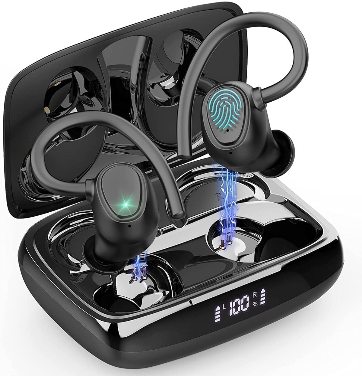 Wireless Earbuds, Bluetooth 5.3 Sports Headphones with Earhooks Stereo Deep Bass Noise Cancelling Earphones 48H Playtime LED Display IPX7 Waterproof Earbud with Mic Headset for Workout Running