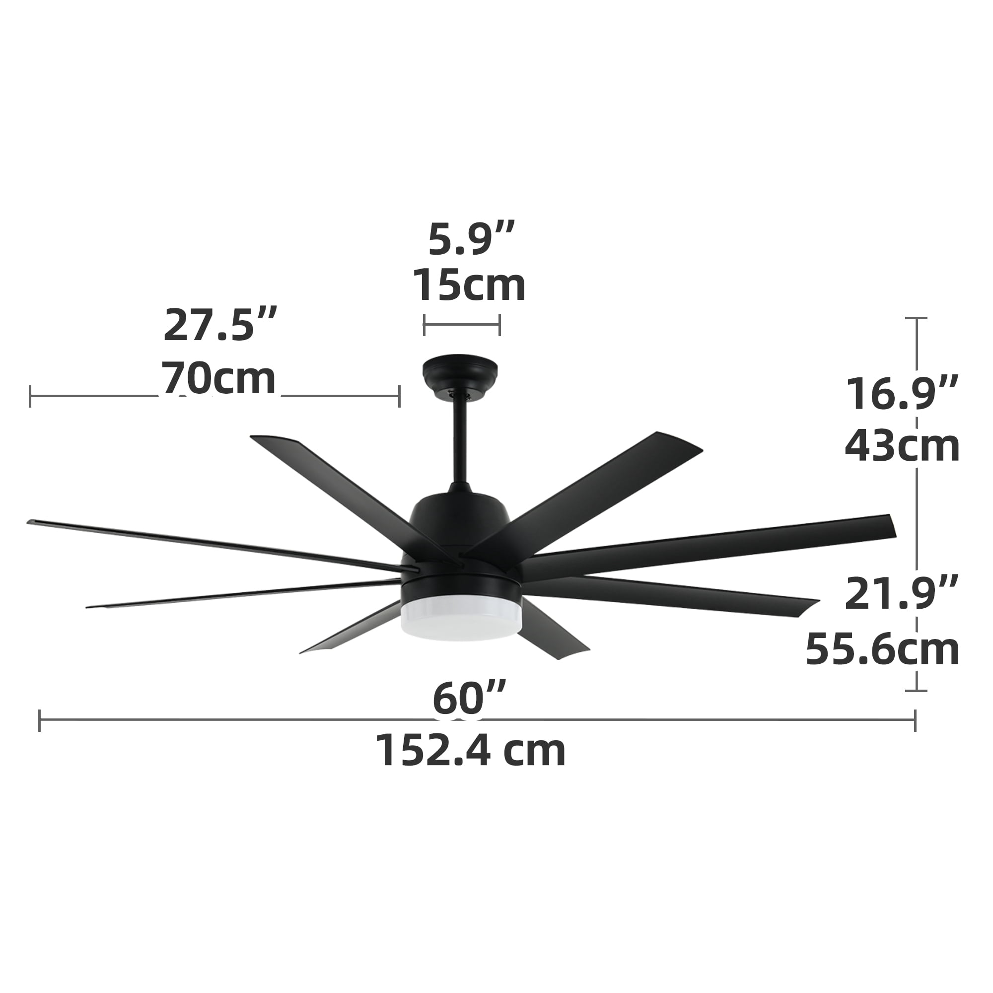 Dextrus 60in Modern Ceiling Fans with Lights and Remote, 8 Blades, 6 Speeds,Quiet Reversible Motor and Memory Function - Black