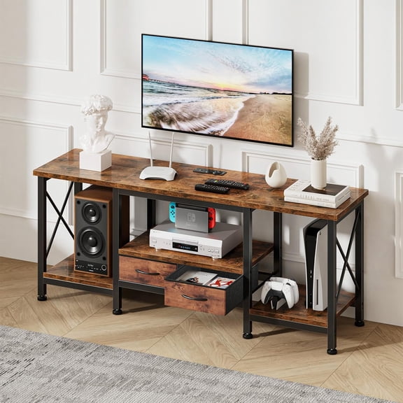 Rustic Brown TV Stand for 55 Inch TV, Entertainment Center with 3-Tier Open Shelves, Practical TV Console Table for Living Room and Bedroom