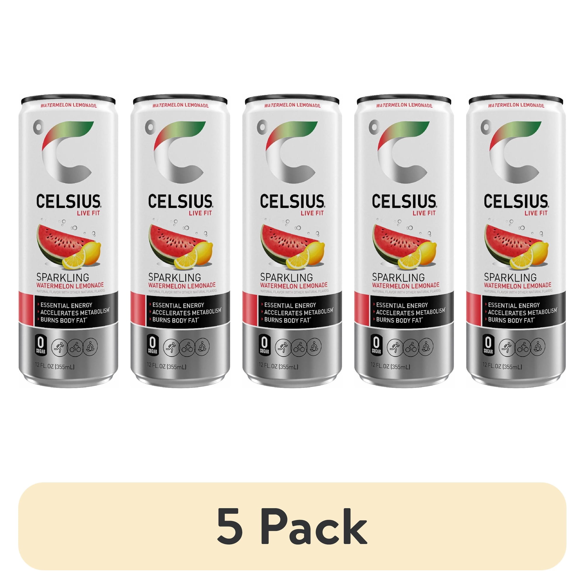 (5 pack) CELSIUS Sparkling Watermelon Lemonade, Functional Energy Drink 12 fl oz Single Can