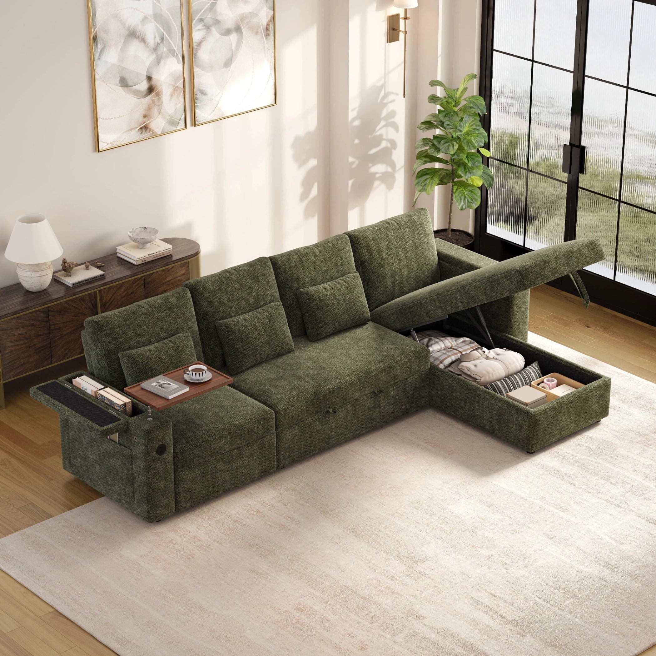 AISWORD 108" 3-in-1 Convertible Pull Out Sofa Bed, 6 Position Adjustable Sleeper Couch with USB Ports, Laptop Table, Cup Holders & Side Storage Pockets, Green