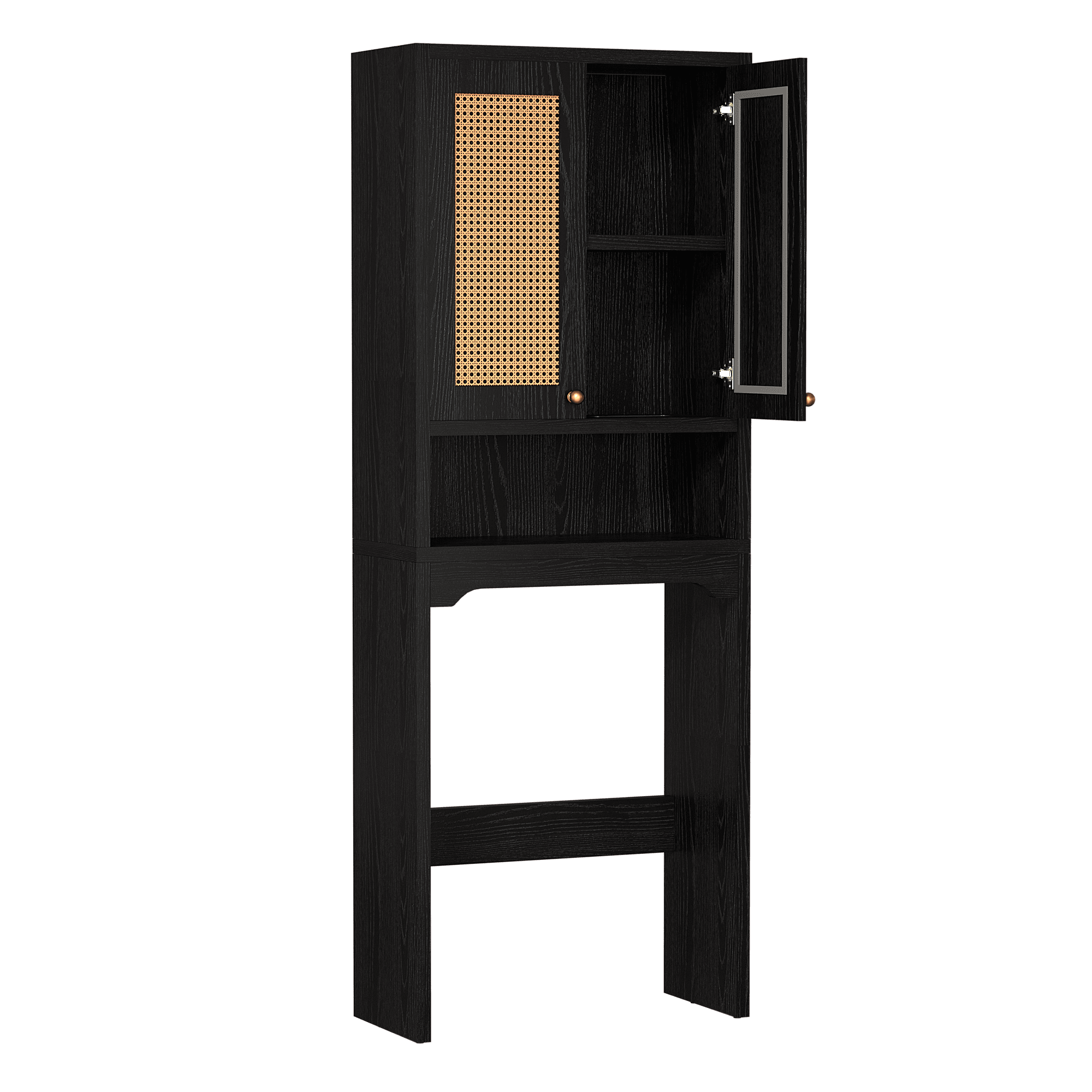 Mintazer Farmhouse Over The Toilet Storage Cabinet, Freestanding Bathroom Organizer Toilet Rack with 2 Rattan Doors, Black