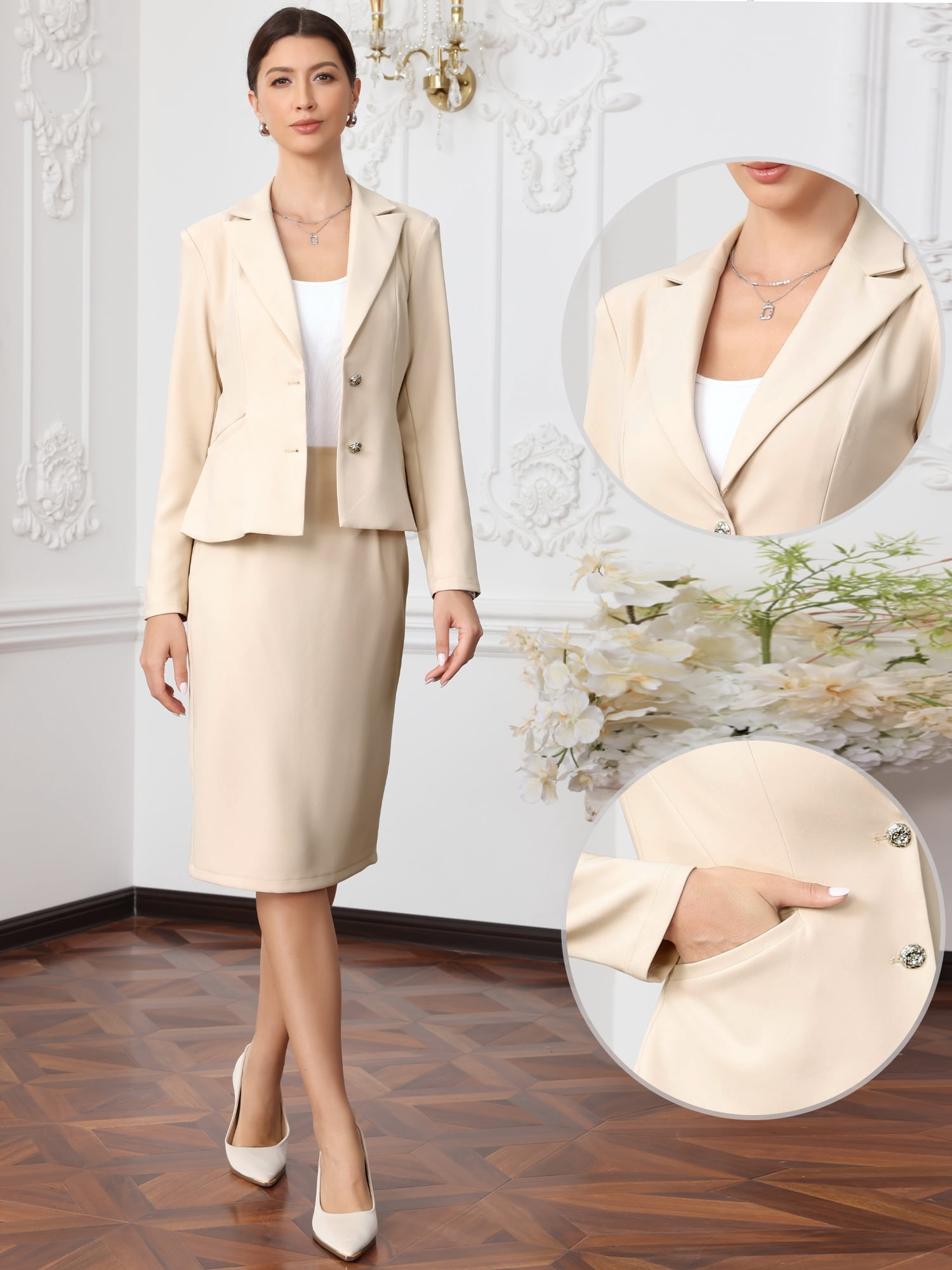 DARING DIVA 2Pcs Women's Long Sleeve Blazer Pencil Skirt Set XL Khaki