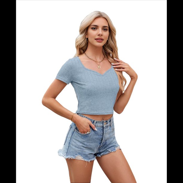 Camiseta de Corta con Cuello en V y Ombligo Al Descubierto, Azul , XXL