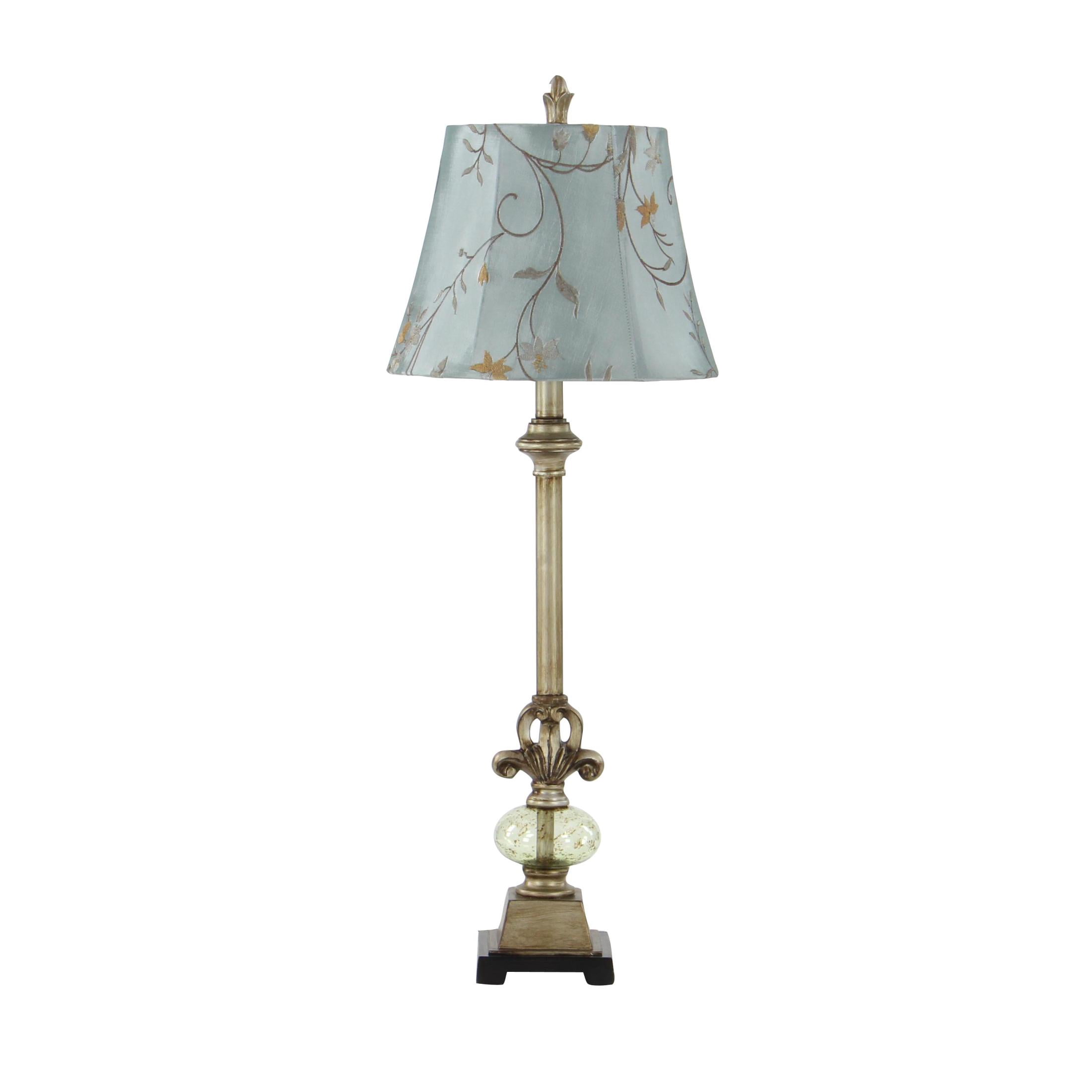 DecMode 32" Antique Style Floral Brass Buffet Lamp with Blue Linen Shade