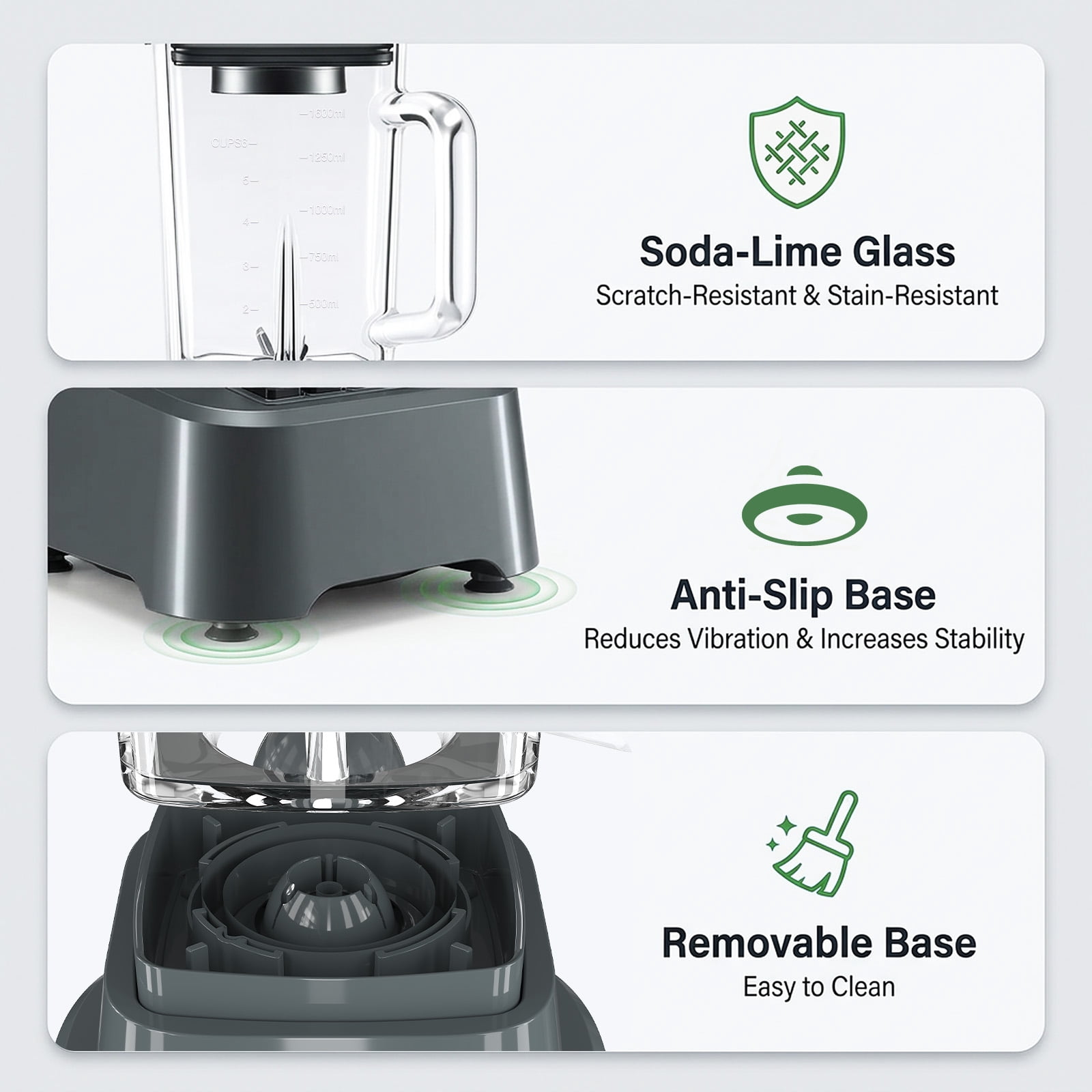 CONCETTA Professional Smoothie & Food Processing Blender, 1100W Motor, 3 Preset Functions for Frozen Drinks, Smoothies & Sauces, Large Pitcher with To-Go Cups，Gray