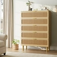 thumbnail image 3 of 5 Drawer Dresser for Bedroom, Rattan Chest of Drawers with Deep Drawers, Large Modern Double Dresser for Closet with Wide Top, Horizontal Wooden Dresser for Living Room, Hallway, Kids Room, 3 of 8