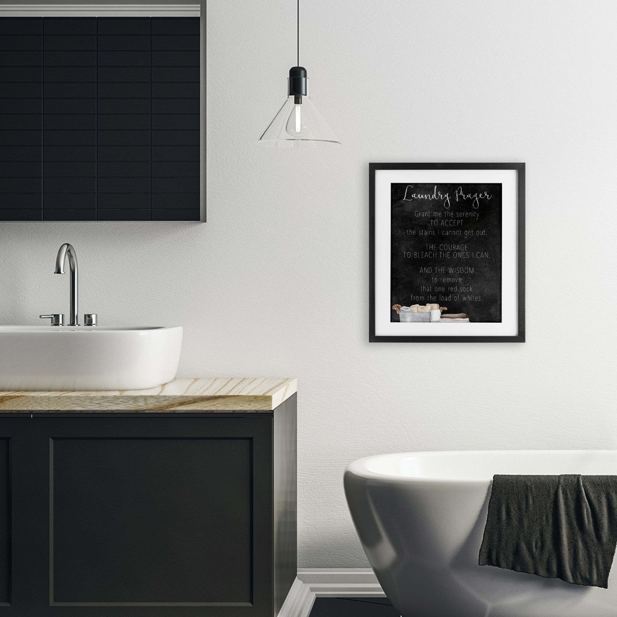 Accept The Stains Laundry Prayer Black Framed Print Under Glass, design by Kim Allen
