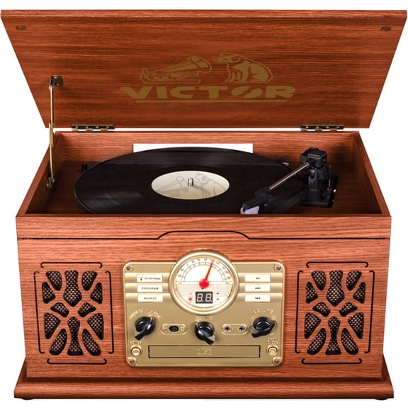 VICTOR State 7-in-1 Turntable Music Center with 3-Speed Record Player, CD/MP3/Cassette Player, FM Radio, Dual Bluetooth In & Out, and Built-in Stereo Speakers, Mahogany (VWRP-3800-MH)
