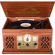 Restored VICTOR State 7-in-1 Turntable Music Center with 3-Speed Record Player,CD/MP3/Cassette Player,FM Radio,Dual Bluetooth In&Out,and Built-in Stereo Speakers,Mahogany -VWRP-3800-MH