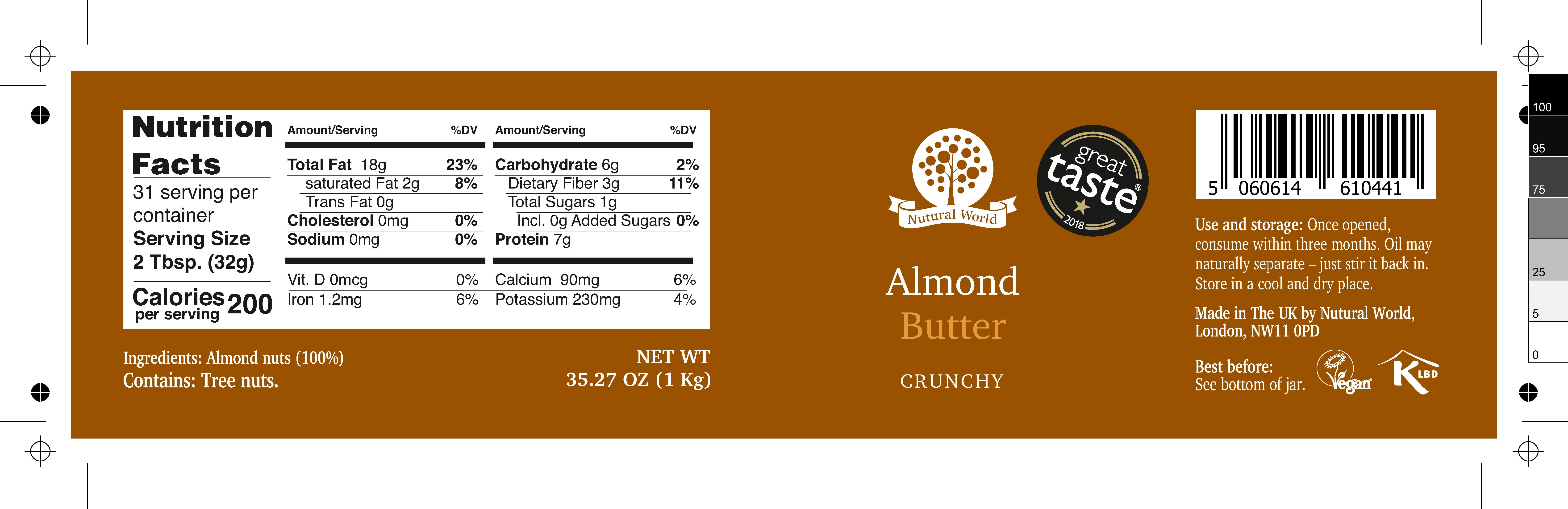 Nutural World - Crunchy Almond Nut Butter 35 oz (1kg) - Great Taste Award Winner - Pure 100% Single Ingredient