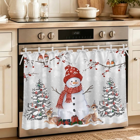 Oven Skirt Curtain for Kitchen 24x32 Inch, Christmas Snowman Oven Curtain with 8 Ribbon Ties & Ruffle Trim, Stove Skirt Curtain Dishwasher for Sinks Xmas Tree Cardinal Birds Winter Snowflakes