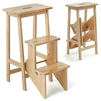 Kadyn Step Stool,3-in-1 Rubber Wood 3 Tier Folding Step Stool Ladder Storage Shelf-Natural