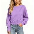 thumbnail image 5 of Womens Crewneck Cropped Sweatshirts Long Sleeve Pullover Tops with Pocket,Solid Color Pullover Top,Ladies Oversized Sweater Purple XL, 5 of 7