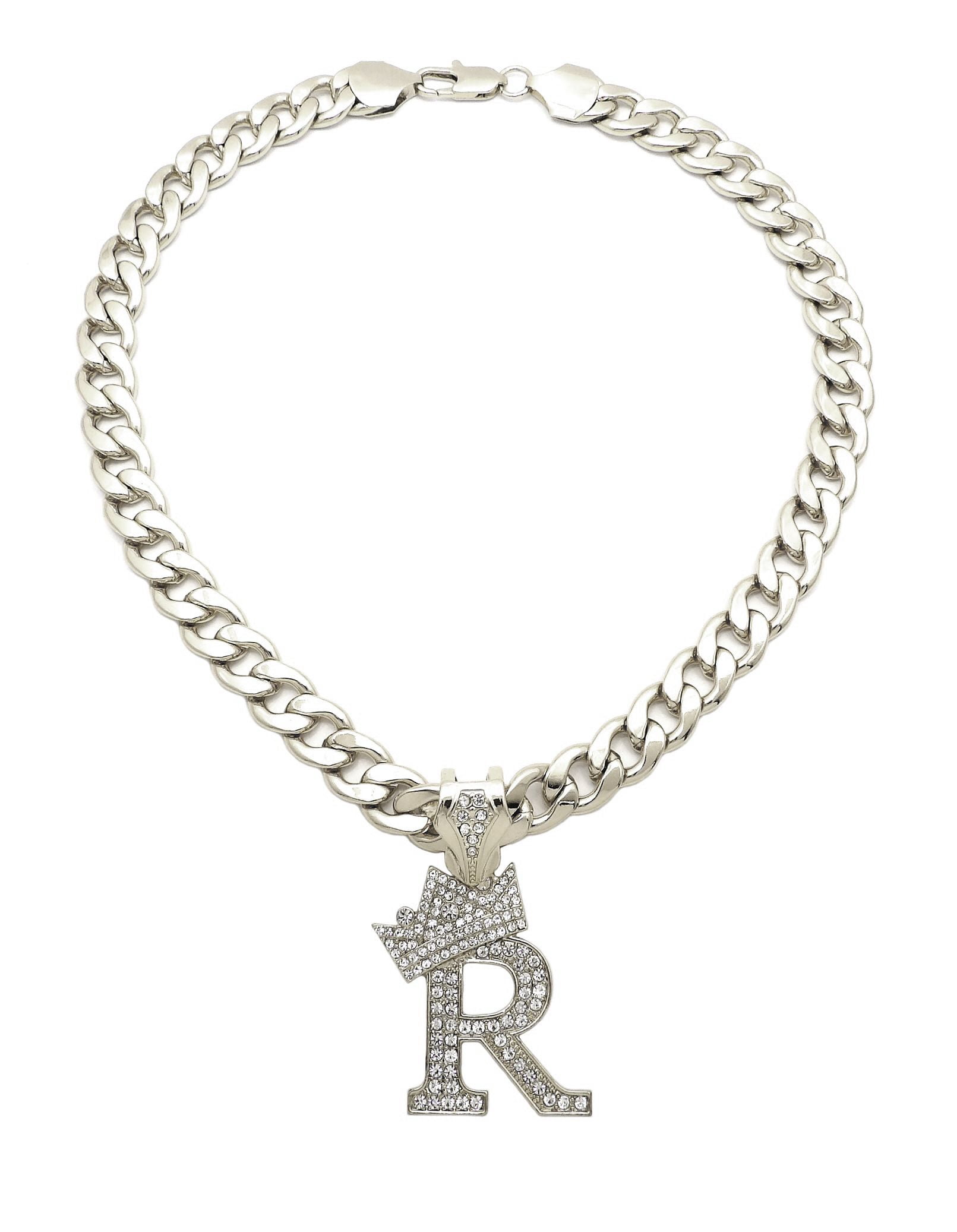 Stone Stud Crowned Initial Pendant with 11mm Cuban Chain Necklace ...