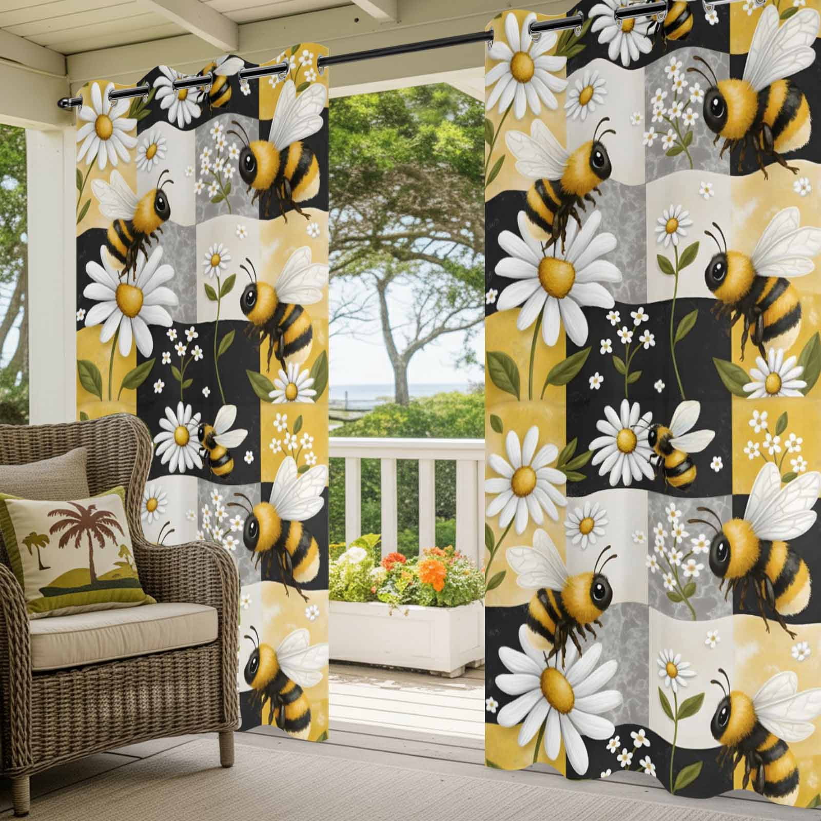 Bees Daisy Outdoor Curtains for Patio, Rustic Countryside Summer Grid Patchwork Sunshade Privacy Drapes Grommet Waterproof Outside Curtains for Porch/Cabana/Balcony 54"x 108", 1 Panel