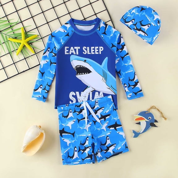 Baby Swimsuit Toddler Boys Long Sleeve Shark Print Two Piece Swimsuits Set with Cap Boys Bathing Suit Blue 3-4 Years