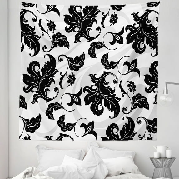 Floral Tapestry, Flower Leaves Ivy Plant Swirl Like Image with Abstract Shadow Print, Fabric Wall Hanging Decor for Bedroom Living Room Dorm, 5 Sizes, Pale Grey White, by Ambesonne