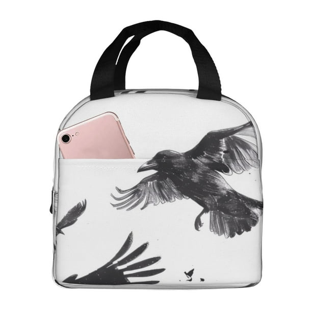 Easygdp Monochrome Flying Ravens Bolsa Térmica Premium - Tela Oxford Impermeable, Gran Capacidad, Bolsillo Frontal, Unisex para Trabajo, Escuela, Actividades al Aire Libre y Picnics