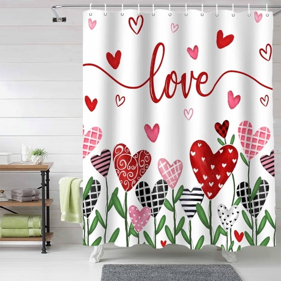 Shower Curtain,Valentine’s Day Shower Curtain Set, Red Love Heart & Leaves Decorative Fabric Bathroom Curtains with Hooks, Long, Romantic Bathroom Decor Accessories
