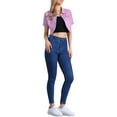 thumbnail image 2 of Chaqueta de mezclilla recortada de mujer con cuello vuelto y manga corta, lavada, color púrpura, talla S, 2 of 6