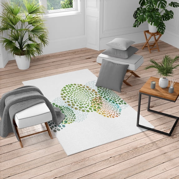 Abstract Turkish Area Rug, Modern and Cool Design Surreal Dots Like and Circled Design Art, Soft Carpet for Living Room Decor with Distressed Look, 2.6' x 5', Fern Green, by Ambesonne