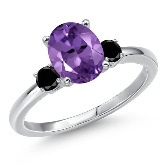 Gem Stone King 14K White Gold Purple Amethyst and Black Diamond Engagement Ring for Women | 1.80 Cttw | Oval 9X7MM | Gemstone February Birthstone | Size 5