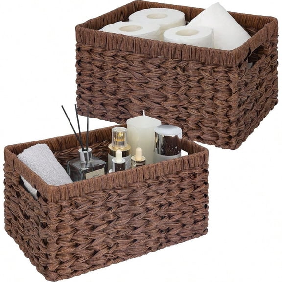 Waterproof Wicker Baskets for Shelves Storage, Rectangle Woven Basket Pantry Kitchen, Multi-Room Use, Decorative & Functional, Brown, 2-Pack