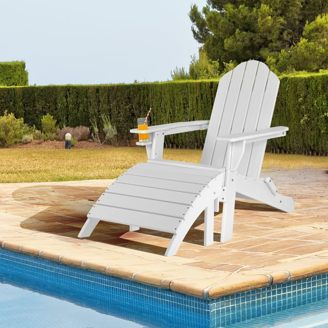 Patiojoy Outdoor Adirondack Chair W/Ergonomic Design&Ottoman Lounge Armchair HDPE chair for Yard&Patio White
