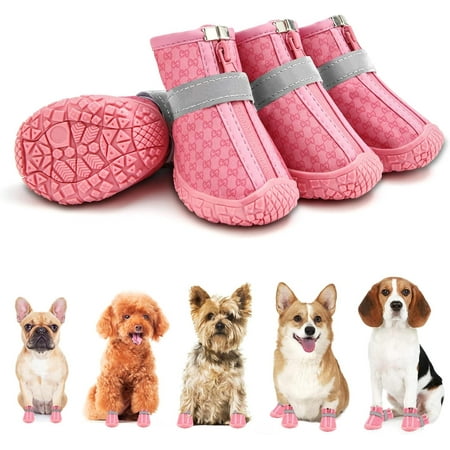 4Pcs Dog Shoes for Small Dogs  Waterproof Dog Boots Paw Protector for Hot Pavement Winter Snow  Dog Booties with Reflective Strips Rugged Anti-Slip Sole for Hardwood Floors Outdoor Walking
