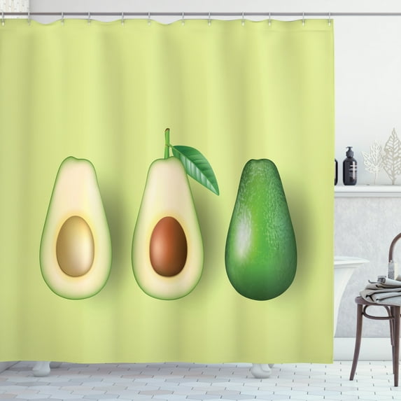 Avocado Shower Curtain, Realistic Avocado Cut in Half Image with Brown Seeds Exotic Food Theme, Fabric Bathroom Set with Hooks, 69W X 70L Inches, Green Pale Green Brown, by Ambesonne