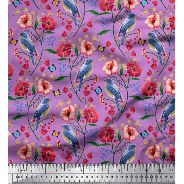 Soimoi Purple Polyester Crepe Fabric Insect,Floral & Bluebird Bird Printed Fabric 1 Yard 52 Inch Wide