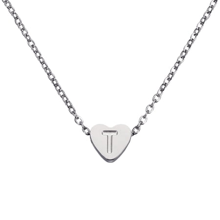 Uxcell Initial Heart Necklace for Women, 18K Gold Plated Stainless Steel Chain Dainty Personalized Name Letter T Pendant Necklaces for Woman Jewelry Gifts, Silver Tone