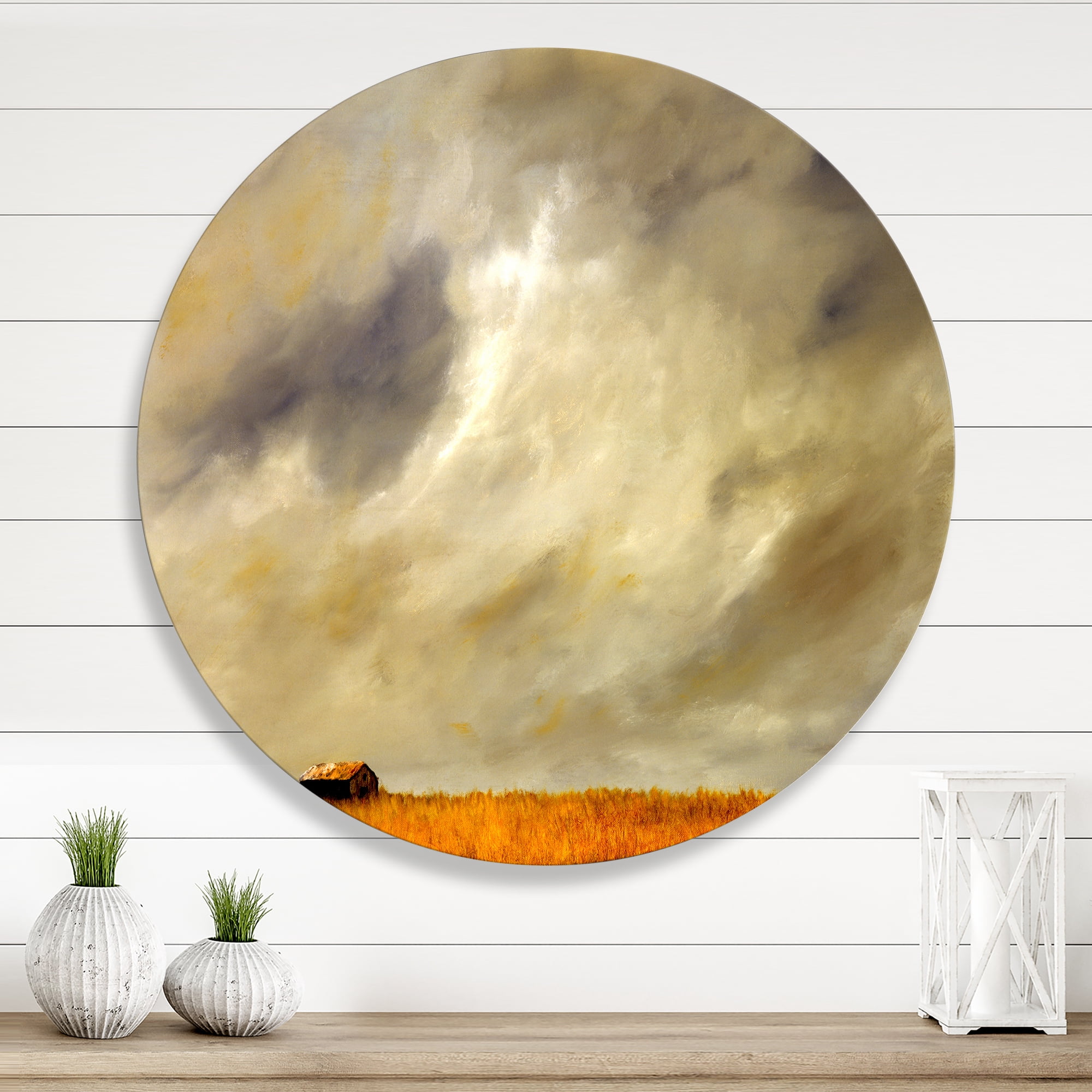 Designart 'Desert Farmhouse Under Cloudy Sky I' Farmhouse Circle Metal Wall Art 11x11 - Disc of 11