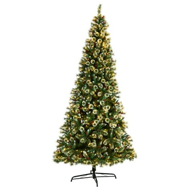Nearly Natural Frosted Swiss Clear Prelit LED Green Holiday Pine Christmas Tree, with Berries 10'